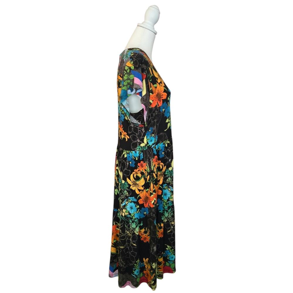Johnny Was Floral Jersey Knit Colorful Nero Sequence Tiered Tea Length Dress - Picture 3 of 12